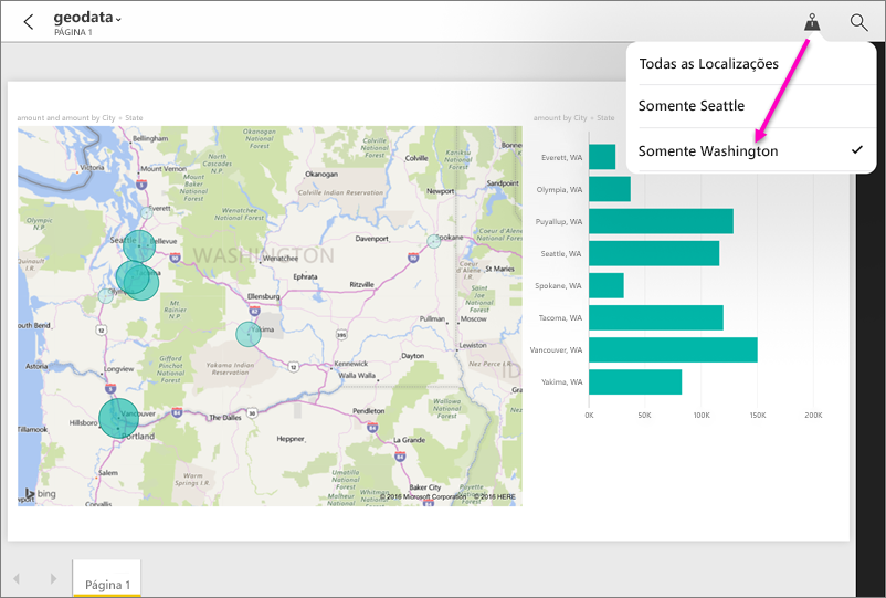 Captura de ecrã a mostrar a aplicação de um filtro de localização geográfica.