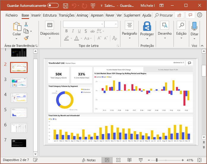 Captura de ecrã que mostra como exportar relatórios para o PowerPoint.