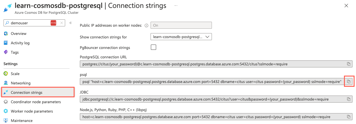 Screenshot of the Connection strings page of the Azure Cosmos DB Cluster resource. On the Connection strings page, the copy to clipboard button to the right of the psql connection string is highlighted.