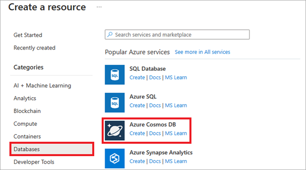 Screenshot of the Azure portal's create a resource screen where Databases and Azure Cosmos DB are highlighted.