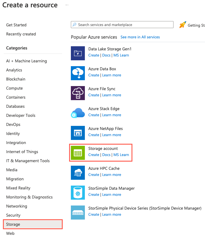 Screenshot of the Azure portal's create a resource screen, Storage and Storage account are highlighted.