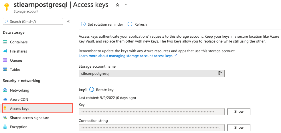 Screenshot of the access keys option highlighted in the left-hand menu of the Storage account page.