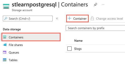 Screenshot of the Storage account page where Containers is selected and highlighted under Data storage in the left-hand navigation menu, and + Container is highlighted on the Containers page.