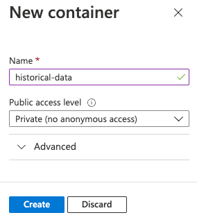 Screenshot of the New container dialog, with the name set to historical-data and the public access level set to private (no anonymous access).