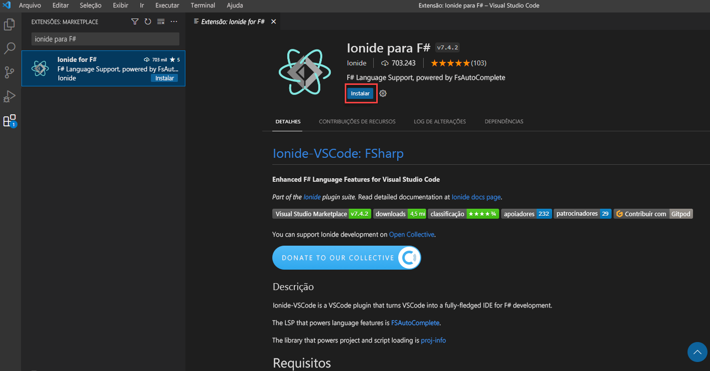 Captura de tela do modo de exibição de extensões de código do Visual Studio que exibe a página de instalação da extensão F# Ionide com uma caixa ao redor do botão Instalar.