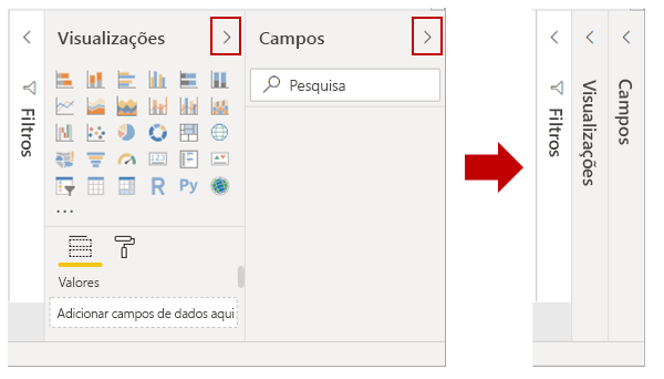 Pode fechar ou expandir os painéis Visualizações e Campos.