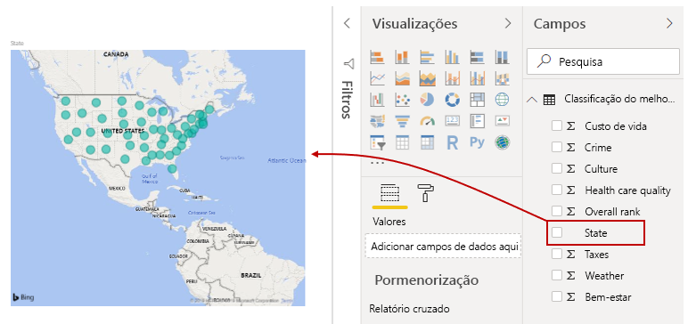 Arraste um campo para a tela da vista Relatório para criar um elemento visual.