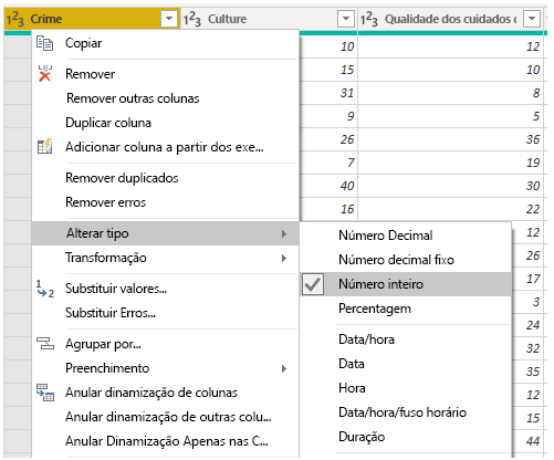 Captura de ecrã a mostrar o menu Alterar Tipo.