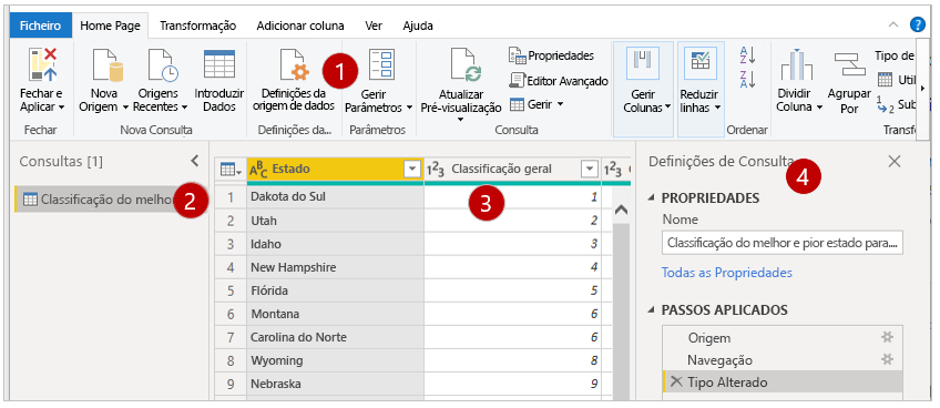 As quatro áreas do ecrã do Editor do Power Query.