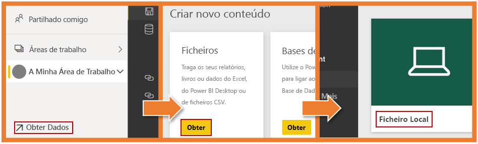 Três capturas de ecrã a mostrar os botões Obter Dados, Obter e Ficheiro local.