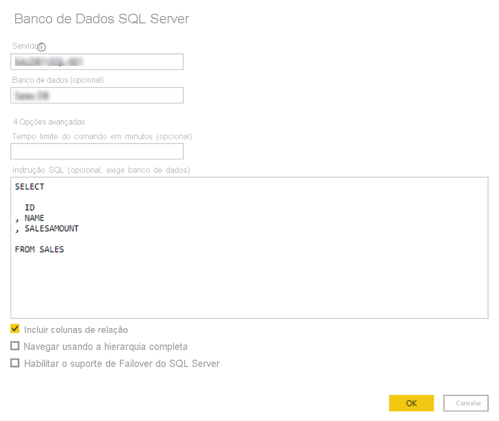 Captura de ecrã a mostrar a caixa de diálogo SQL Server base de dados com uma consulta SQL.