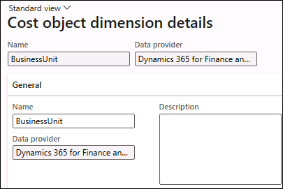 Captura de tela da página Detalhes da dimensão do objeto de custo com a exibição Padrão.