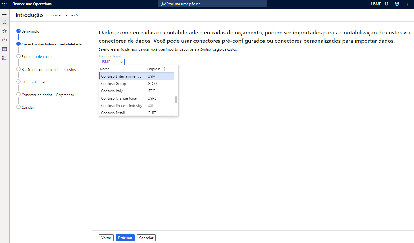 Captura de tela do assistente Introdução da contabilização de custos que mostra como selecionar as entidades legais.