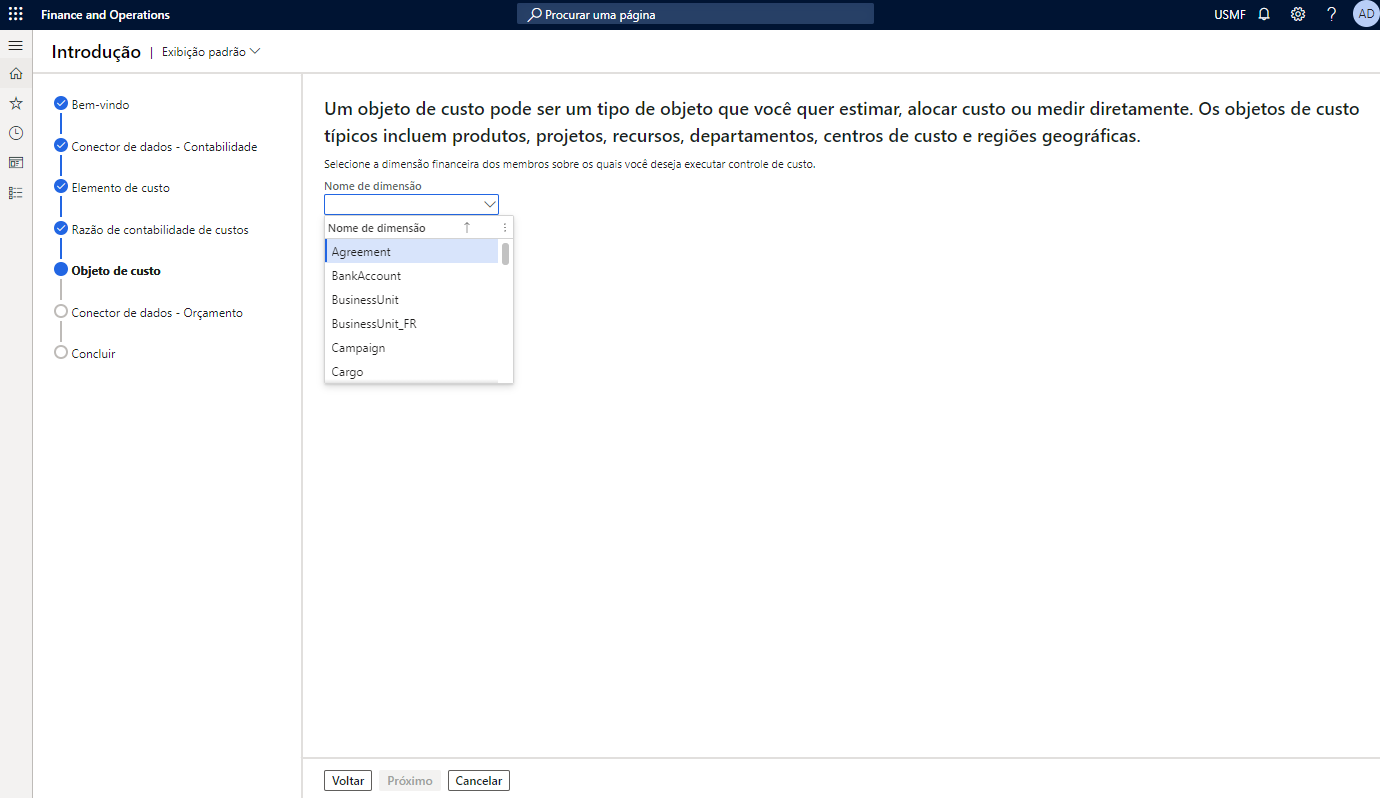 Captura de tela do assistente Introdução da contabilização de custos que mostra como selecionar Dimensões Financeiras.