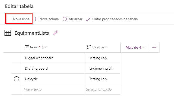 Captura de tela da lista de equipamentos com os dados preenchidos.