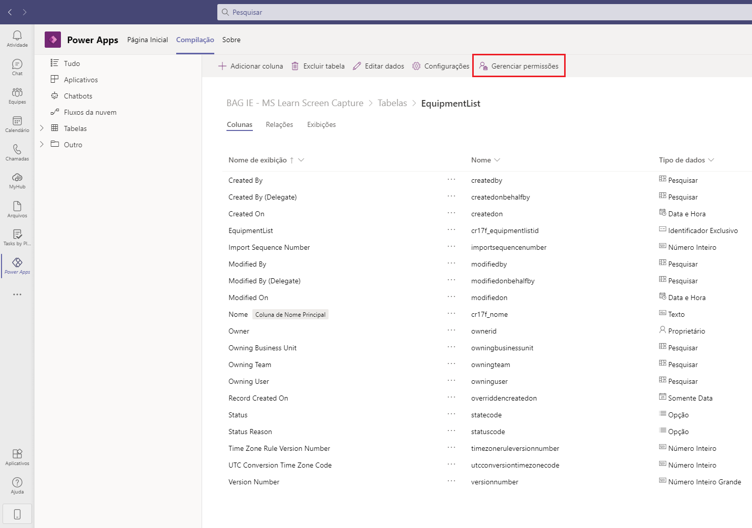 Captura da tela Editar tabela com a opção Gerenciar permissões realçada.