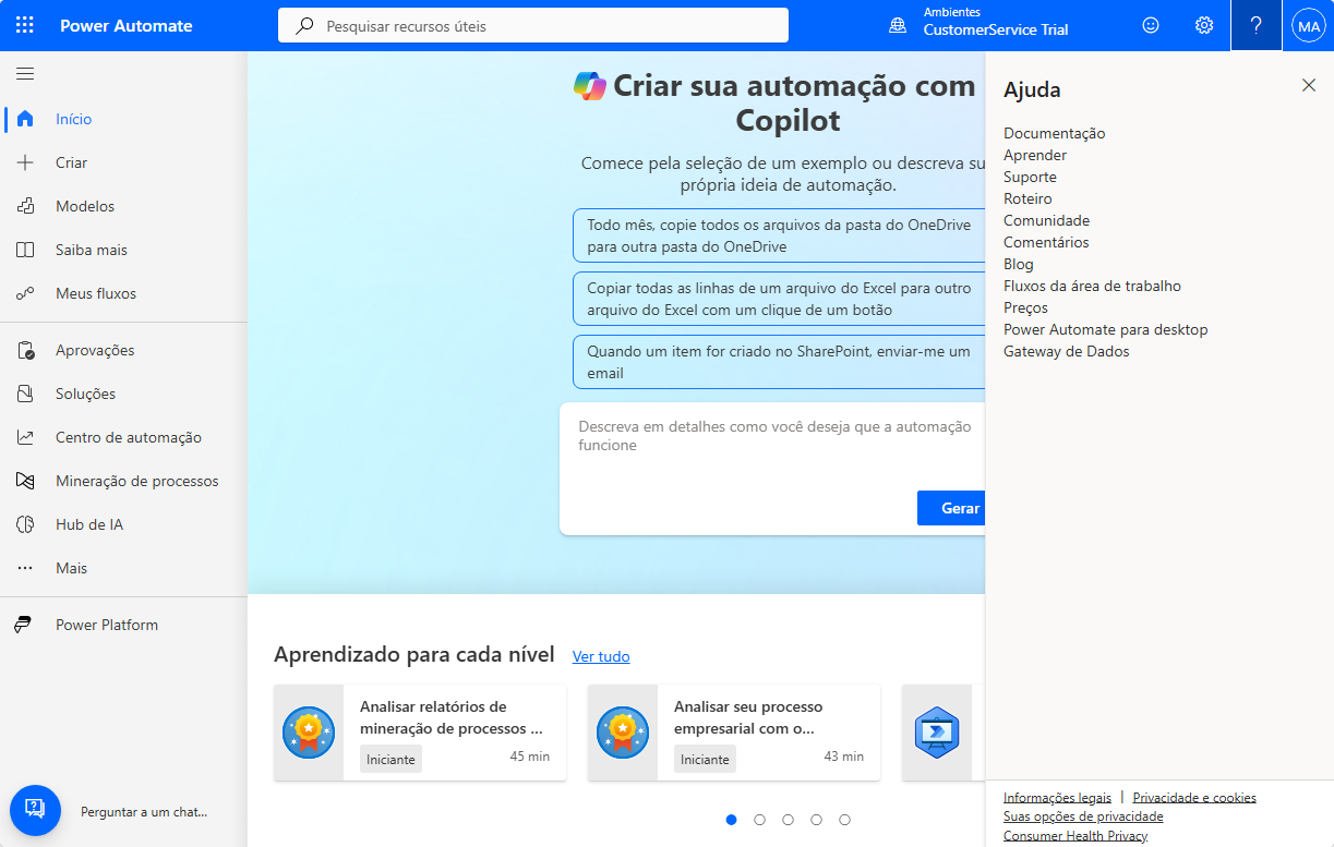 Screenshot do painel Ajuda no Power Automate.
