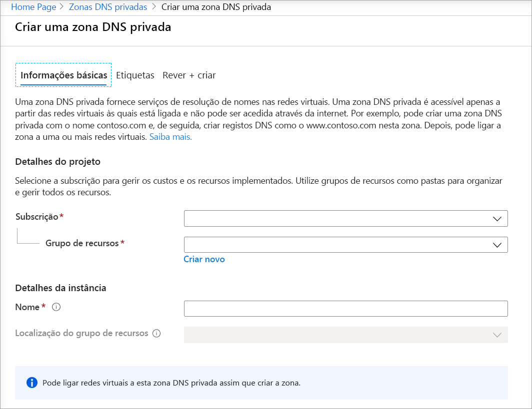 Screenshot of the Create Private DNS zone page.