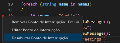 Captura de tela mostrando a opção para desabilitar um ponto de interrupção no editor de código do Visual Studio.