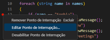 Captura de tela mostrando a opção para editar um ponto de interrupção no editor de código do Visual Studio.