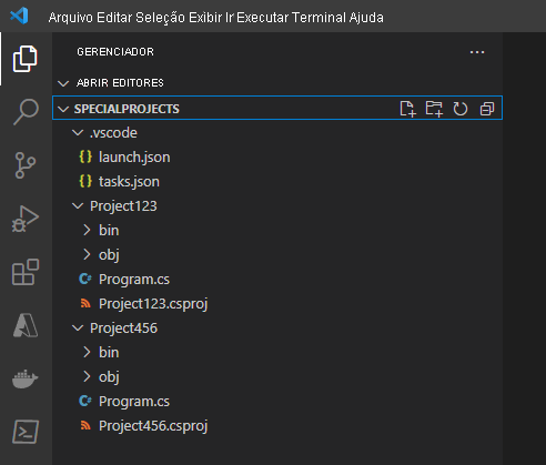 Captura de ecrã a mostrar a estrutura de pastas na vista EXPLORER.