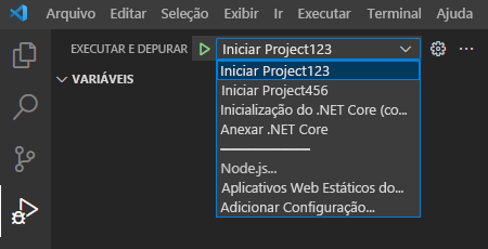 Captura de tela mostrando as opções de configuração de inicialização na visualização Executar e Depurar.