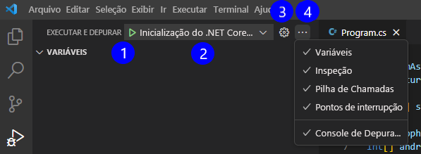 Captura de ecrã a mostrar o painel de controlos para a vista Executar e Depurar.