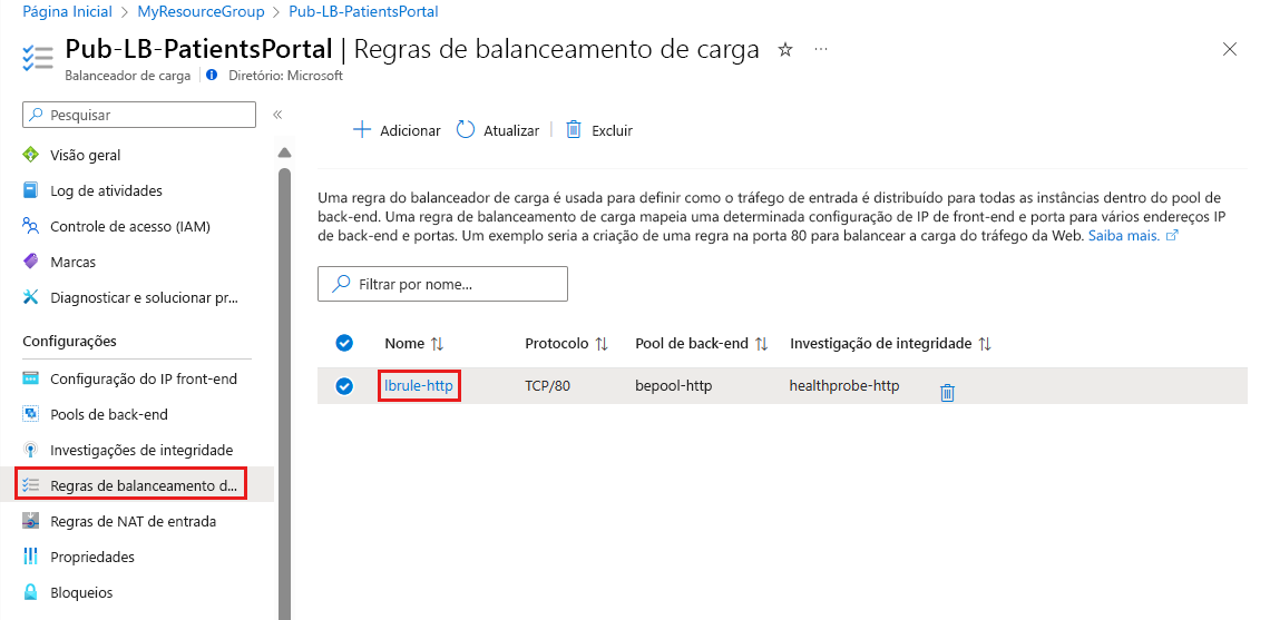 Screenshot showing how to select a load balancing rule in the Azure portal.
