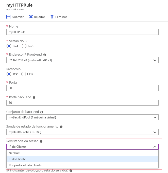 Screenshot showing how to set IP affinity in the Azure portal.