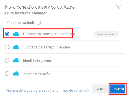 Captura de ecrã do Azure DevOps que mostra o painel Nova ligação de serviço do Azure, com a opção Principal de serviço (automática) realçada.