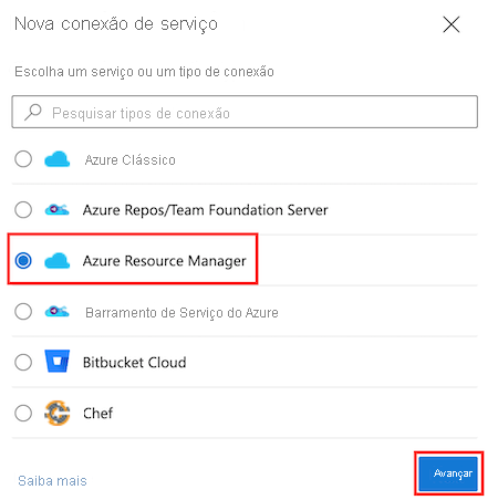 Captura de ecrã do Azure DevOps que mostra o painel 'Ligações de serviço', com o tipo de ligação de serviço 'Azure Resource Manager' realçado.