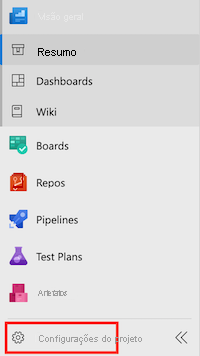 Captura de tela do Azure DevOps que mostra o menu, com o item Configurações do projeto realçado.