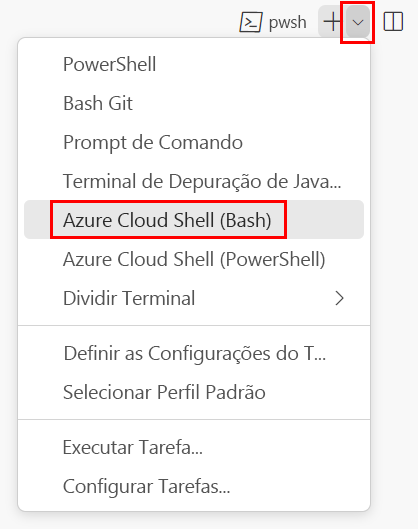 Captura de tela da janela do terminal do Visual Studio Code, com a lista suspensa do shell do terminal mostrada e o Azure Cloud Shell (bash) selecionado.