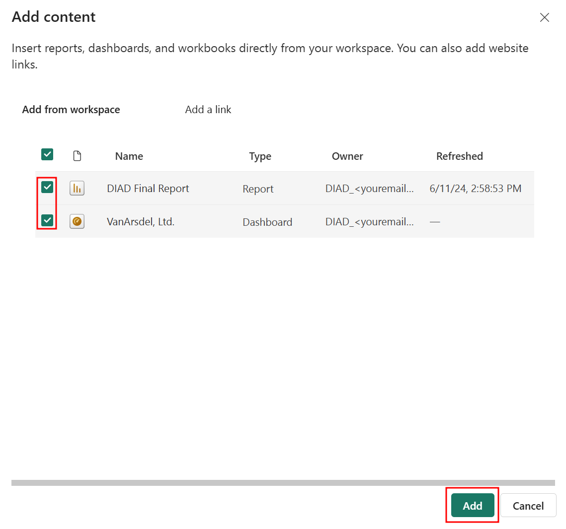 Captura de ecrã do Adicionar conteúdos diálogo janela, com as caixas de seleção Seguinte ao DIAD Relatório Final e VanArsdel destacado e o Adicionar botão destacado.