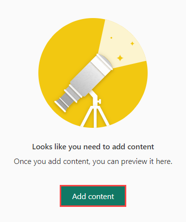 Captura de ecrã do conteúdo adicionar ecrã com o Adicionar conteúdos botão em destaque.
