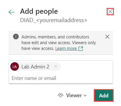 A captura de ecrã da caixa de diálogo Adicionar pessoas janela com os botões Adicionar e X realçados.