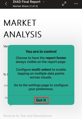 Captura de ecrã do Got it botão que aparece ao entrar no DIAD Relatório Final Vista para dispositivos móveis.