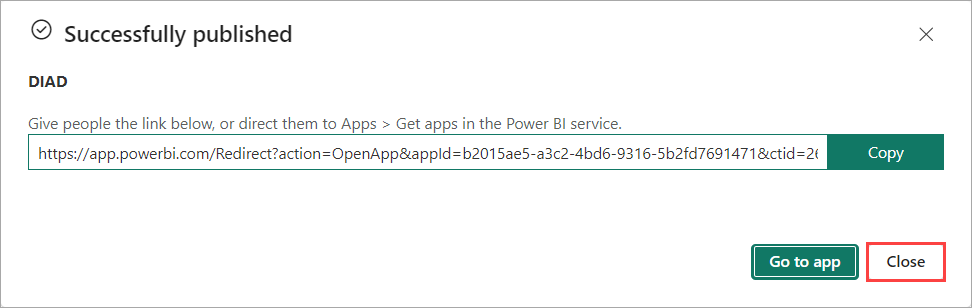 A captura de ecrã do Publicado diálogo com sucesso com o botão Fechar destacado.