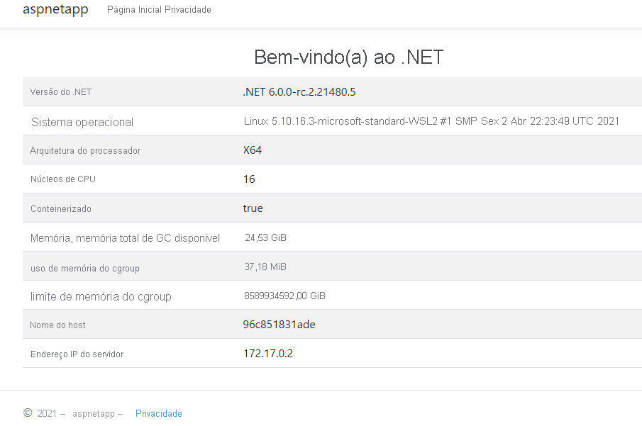 Captura de ecrã da aplicação Web de exemplo em execução num browser.
