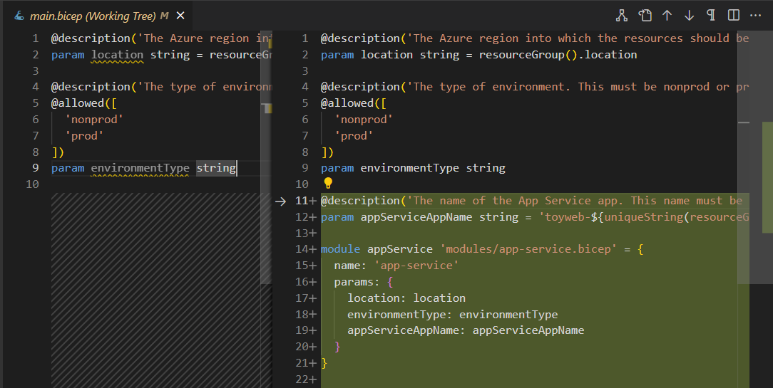 Screenshot of Visual Studio Code that shows the differences between the current main.bicep file and the modified version.