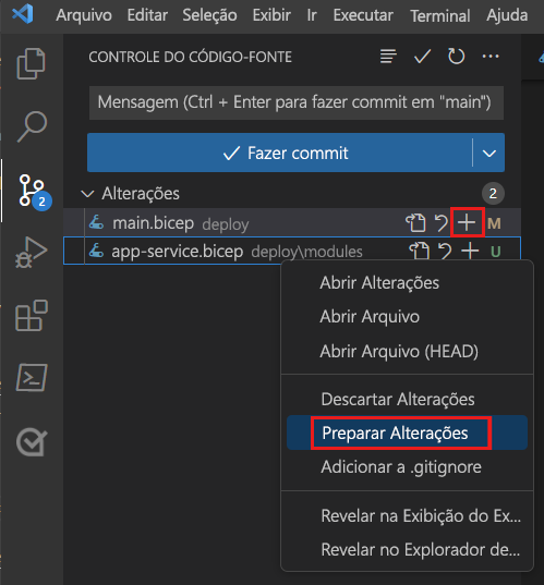 Screenshot of Visual Studio Code that shows Source Control, with the main.bicep context menu displayed and the Stage Changes menu item highlighted.