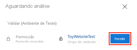 Screenshot of Azure DevOps showing that the pipeline needs permission to use the ToyWebsiteTest variable group. The Permit button is highlighted.