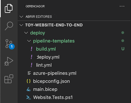 Screenshot of Visual Studio Code Explorer, with the pipeline-templates folder and the 'build.yml' file shown.