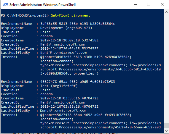 Captura de tela do Windows PowerShell mostrando ambientes do locatário.