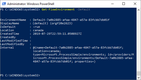 Captura de tela do Windows PowerShell mostrando ambientes padrão.