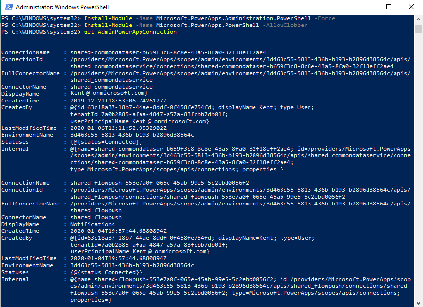 Captura de tela do Windows PowerShell mostrando dados retornados.