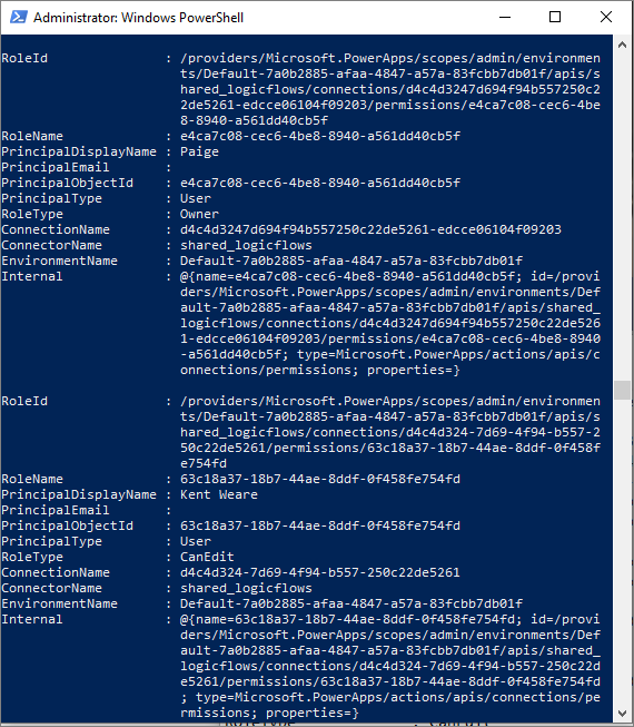 Captura de tela do Windows PowerShell mostrando proprietários de atribuições de funções.