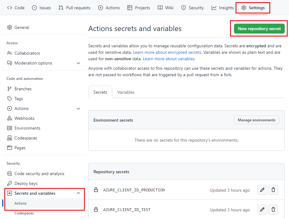 Screenshot of GitHub that shows the Secrets menu item under the Settings category.