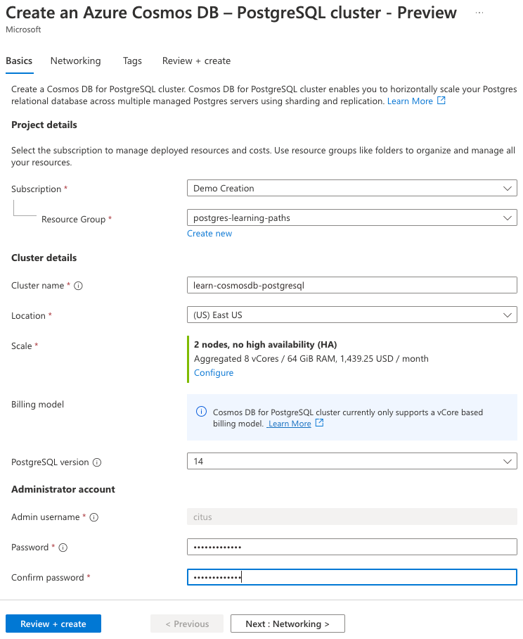 Screenshot of creating an Azure Cosmos DB for PostgreSQL in the Azure portal. The settings above are shown in the screenshot.