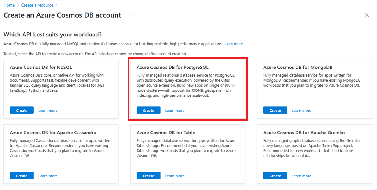 Screenshot of the Azure Cosmos DB API options. The Azure Cosmos DB for PostgreSQL option is highlighted.